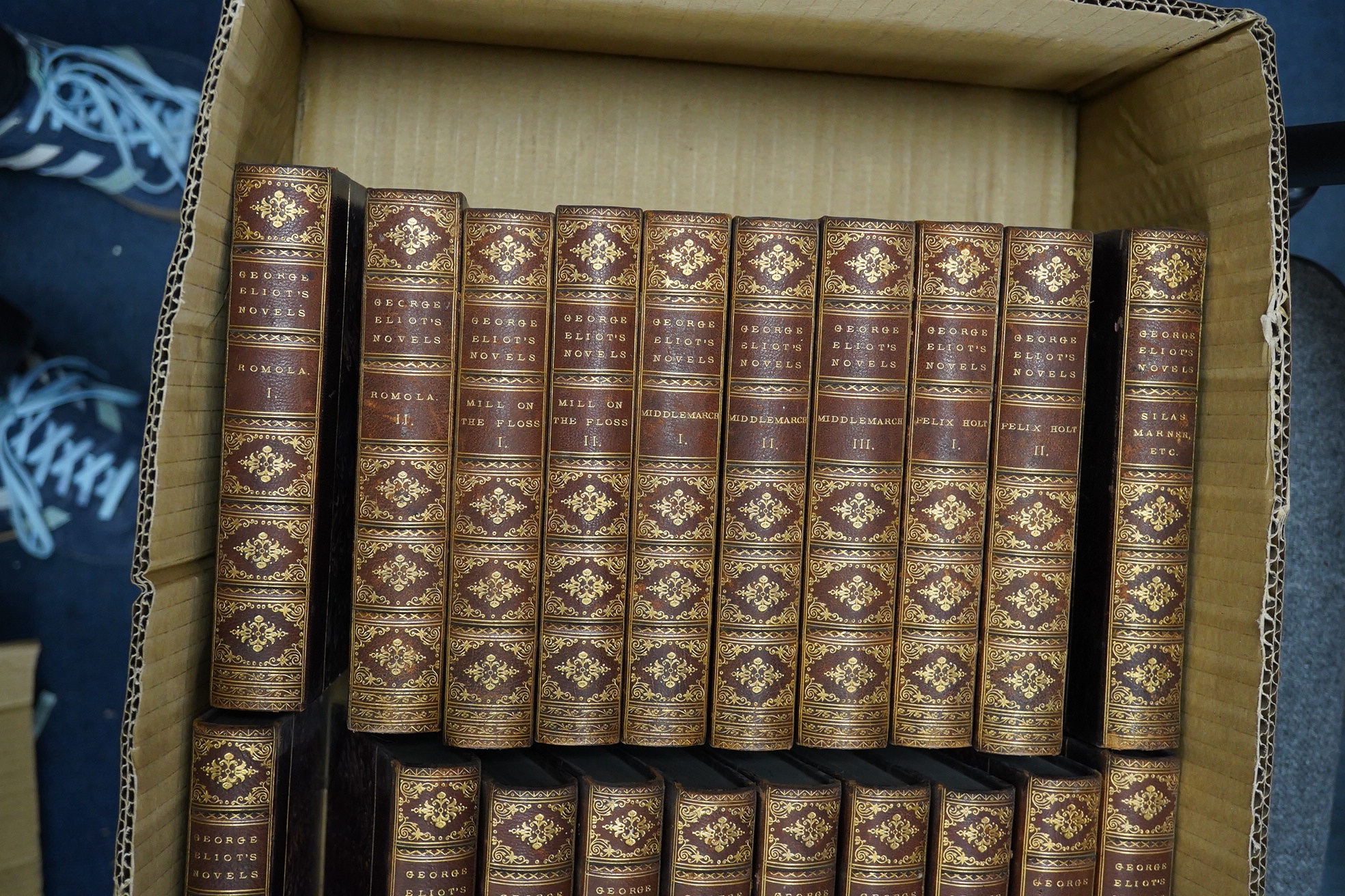 Eliot, George - The Works, Cabinet edition. 20 vols. 8vo, contemporary half red morocco and marbled boards and edges, spines gilt in compartments with raised bands, by H. Sotheran and Co., published by William Blackwood